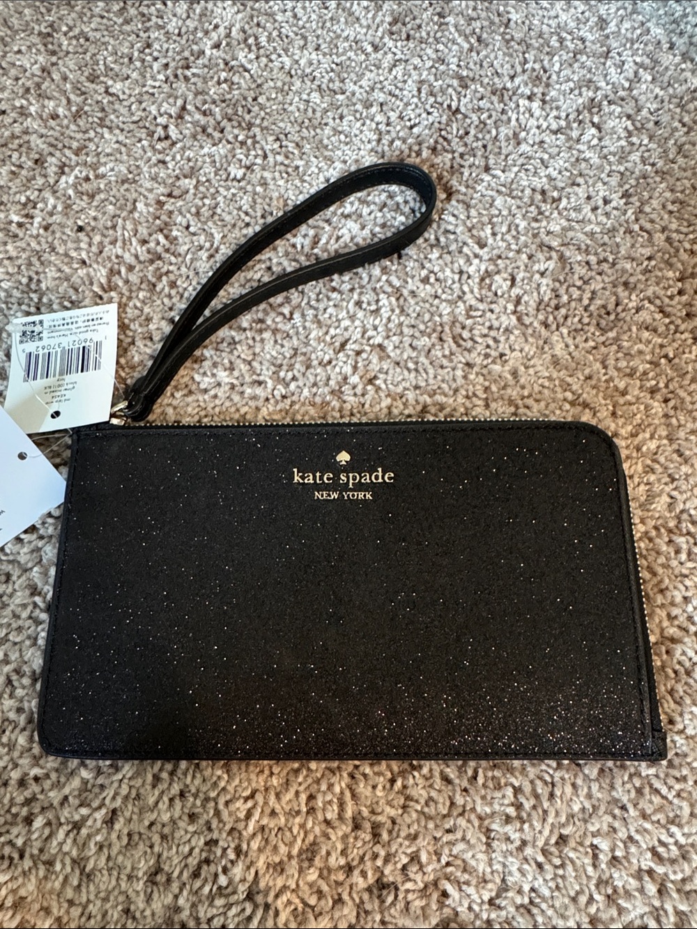 kate spade Black Glitter Zip Wristlet with Gold Logo
